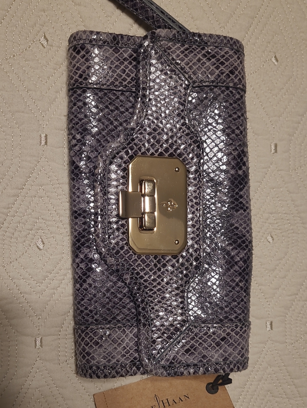 Cole Haan Gray Snake-Texture Wristlet Clutch with Gold Tone Lock